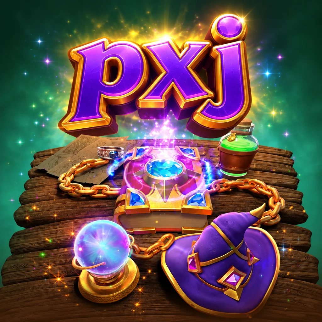 ธีมเกม Alchemy Gold บน pxj มีหนังสือเวทมนตร์ ลูกแก้วคริสตัล หมวกพ่อมด และขวดยาพิษเรืองแสงบนโต๊ะไม้