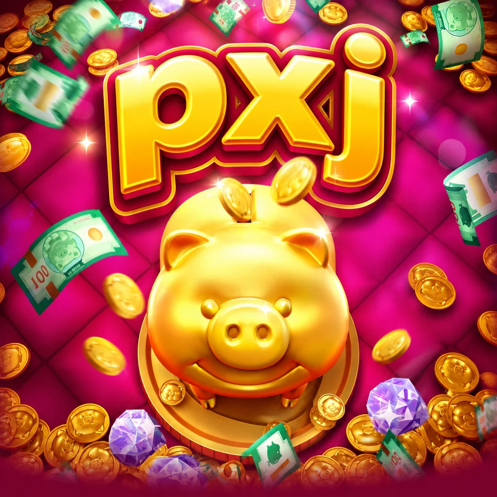 ธีมเกม Lucky Piggy บน pxj มีกระปุกออมสินหมูทองคำ เหรียญทอง ธนบัตร และอัญมณีสีม่วงบนพื้นหลังสีชมพู